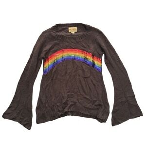 Wildfox White Label Brown Rainbow Sequin Bell Sleeve Wool Blend Sweater Small